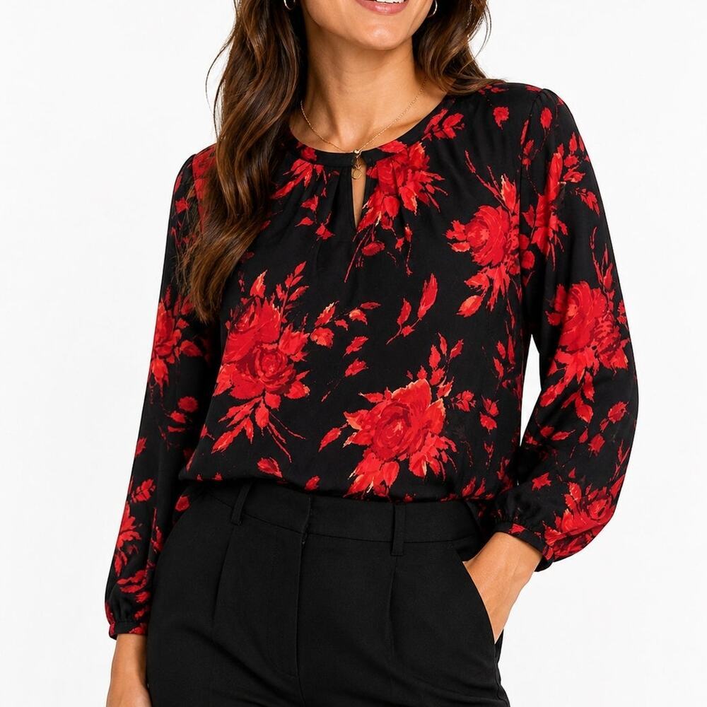 Talbots Black and Red Satin Floral Blouse
